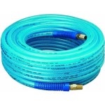 Amflo 12-100E Blue 300 PSI Polyurethane Air Hose 1/4" x 100' With 1/4" MNPT Swivel Ends And Bend Restrictor Fittings